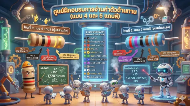 Infographic ป้ายการฝึกอ่านค่าตัวต้านทานแบบ 4 สีและ5แถบสี