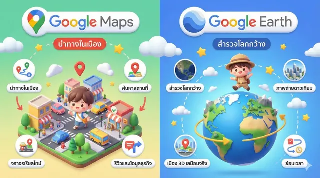 Infographic เปรียบเทียบคตวามแตกต่างของ Googel Map และ Google Earth