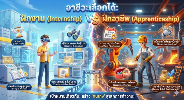 Infographic เปรียบเทียบ ฝึกงาน และฝึกอาชีพ ของผู้เรียน อาชีวศึกษา