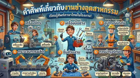 สร้าง อินโฟกราฟฟิก (Infographic) ในหัวข้อ  "คำศัพท์เกี่ยวกับงานช่างอุตสาหกรรม " เป็นภาษาอังกฤษพร้อมแปลภาษาไทย อัตราส่วน แนวนอน ภาพประกอบทั้งหมดต้องอยู่ใน สไตล์แอนิเมชัน 3 มิติคุณภาพสูงคล้าย Pixar/Disney (High Quality 3D Animation Style) เน้นแสงเงาที่สมจริง ตัวละครและองค์ประกอบต้องมีอารมณ์ขันและมีความน่าสนใจ ใช้โทนสี สดใสและมีมิติ (Vibrant and Depth-filled Colors) เนื้อหาหลักเป็น ภาษาไทยที่ถูกต้อง จัดวางให้เหมือนภาพเล่าเรื่อง