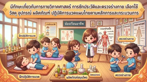 รายวิชานวดแผนไทย มีทักษะเกี่ยวกับการกายวิภาคศาสตร์ การซักประวัติและตรวจร่างกาย เลือกใช้ วัสดุ อุปกรณ์ ผลิตภัณฑ์ ปฏิบัติการนวดแผนไทยตามหลักการและกระบวนการ