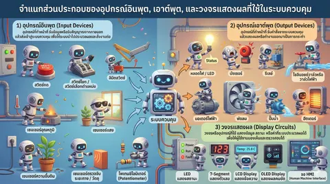 จำแนกส่วนประกอบของอุปกรณ์อินพุต เอาต์พุต และวงจรแสดงผลที่ใช้ในระบบควบคุม