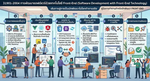 Infographic รายวิชา 31901-2004 การพัฒนาซอฟต์แวร์ด้วยเทคโนโลยี Front-End (Software Development with Front-End Technology)