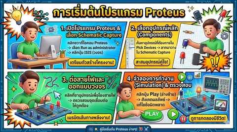 อินโฟกราฟิก "การเริ่มต้นโปรแกรม Proteus"