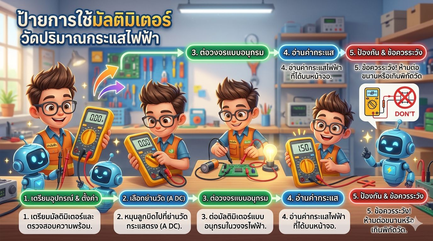 การใช้มัลติมิตเตอร์วัดปริมาณกระแสไฟฟ้า