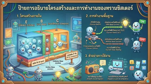 "สร้าง อินโฟกราฟฟิก (Infographic) ในหัวข้อ  "ป้ายการอธิบายโครงสร้างและการทำงานของทรานซิสเตอร์ " เป็นภาษาไทย อัตราส่วน แนวนอน ภาพประกอบทั้งหมดต้องอยู่ใน สไตล์แอนิเมชัน 3 มิติคุณภาพสูงคล้าย Pixar/Disney (High Quality 3D Animation Style) เน้นแสงเงาที่สมจริง ตัวละครและองค์ประกอบต้องมีอารมณ์ขันและมีความน่าสนใจ ใช้โทนสี สดใสและมีมิติ (Vibrant and Depth-filled Colors) เนื้อหาหลักเป็น ภาษาไทยที่ถูกต้อง จัดวางให้เหมือนภาพเล่าเรื่อง CONTENT DETAILS: ป้ายการอธิบายโครงสร้างและการทำงานของทรานซิสเตอร์"