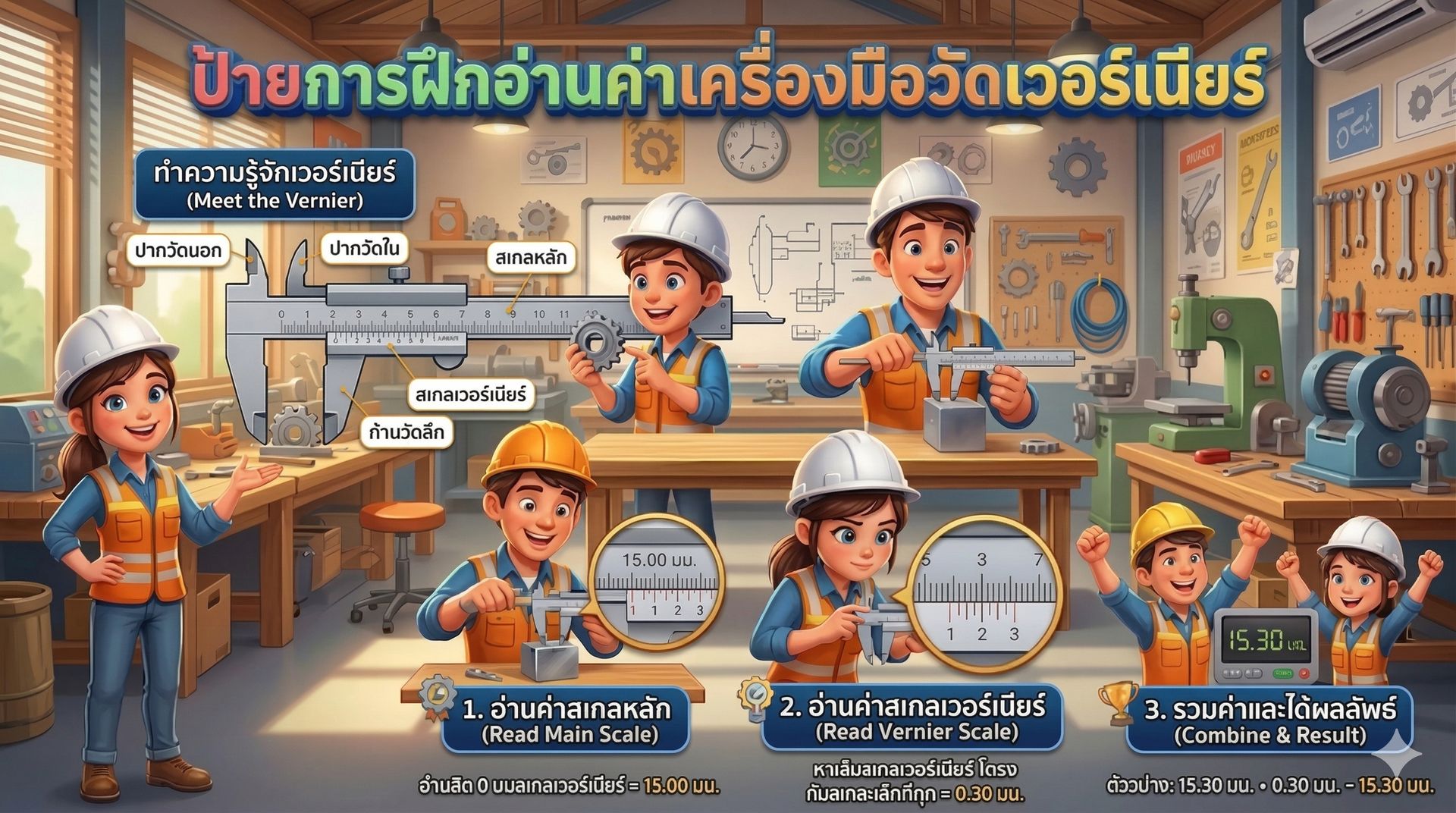 ป้ายการฝึกอ่านค่าเครื่องมือวัดเวอร์เนียร์