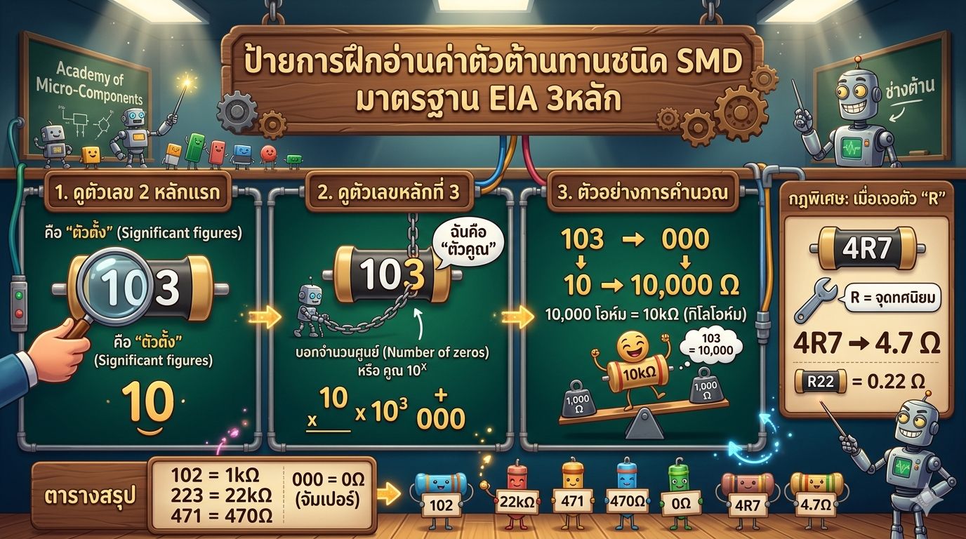 การอ่านค่าตัวต้านทานแบบ SMD ตามมาตรฐาน EIA 3 หลัก