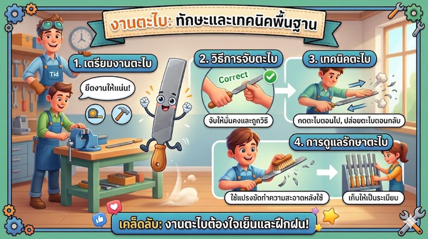 ในหัวข้อ "งานตะไบ " เป็นภาษาไทย อัตราส่วน แนวนอน ภาพประกอบทั้งหมดต้องอยู่ใน สไตล์แอนิเมชัน 3 มิติคุณภาพสูงคล้าย Pixar/Disney (High Quality 3D Animation Style) เน้นแสงเงาที่สมจริง