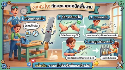 ในหัวข้อ  "งานตะไบ " เป็นภาษาไทย อัตราส่วน แนวนอน ภาพประกอบทั้งหมดต้องอยู่ใน สไตล์แอนิเมชัน 3 มิติคุณภาพสูงคล้าย Pixar/Disney (High Quality 3D Animation Style) เน้นแสงเงาที่สมจริง 
