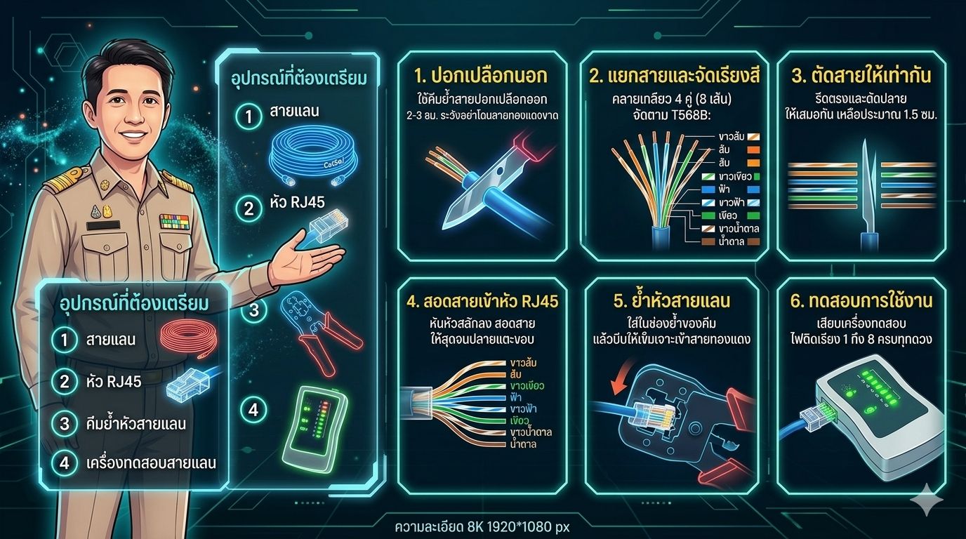 ขั้นตอนการเข้าหัวสายแลน RJ45 สำหรับการใช้งานทั่วไป (แบบสายตรง หรือ Straight-through) เพื่อเชื่อมต่อคอมพิวเตอร์กับสวิตช์หรือเราเตอร์