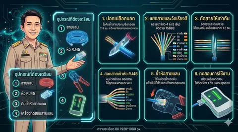 ขั้นตอนการเข้าหัวสายแลน RJ45 สำหรับการใช้งานทั่วไป (แบบสายตรง หรือ Straight-through) เพื่อเชื่อมต่อคอมพิวเตอร์กับสวิตช์หรือเราเตอร์