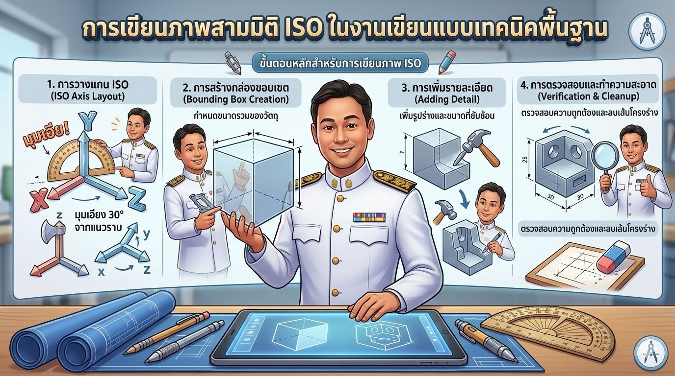 สร้าง อินโฟกราฟฟิก (Infographic) ในหัวข้อ "การเขียนภาพสามมิติ ISO ในงานเขียนแบบเทคนิคพื้นฐาน " เป็นภาษาไทย อัตราส่วน แนวนอน ภาพประกอบทั้งหมดต้องอยู่ใน สไตล์แอนิเมชัน 3 มิติคุณภาพสูงคล้าย Pixar/Disney (High Quality 3D Animation Style) เน้นแสงเงาที่สมจริง ตัวละครและองค์ประกอบต้องมี