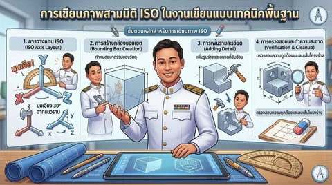 สร้าง อินโฟกราฟฟิก (Infographic) ในหัวข้อ  "การเขียนภาพสามมิติ ISO ในงานเขียนแบบเทคนิคพื้นฐาน " เป็นภาษาไทย อัตราส่วน แนวนอน ภาพประกอบทั้งหมดต้องอยู่ใน สไตล์แอนิเมชัน 3 มิติคุณภาพสูงคล้าย Pixar/Disney (High Quality 3D Animation Style) เน้นแสงเงาที่สมจริง ตัวละครและองค์ประกอบต้องมี