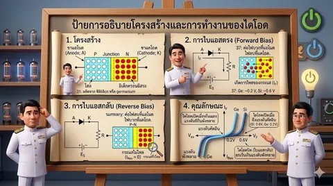 "สร้าง อินโฟกราฟฟิก (Infographic) ในหัวข้อ  "ป้ายการอธิบายโครงสร้างและการทำงานของไดโอด " เป็นภาษาไทย อัตราส่วน แนวนอน ภาพประกอบทั้งหมดต้องอยู่ใน สไตล์แอนิเมชัน 3 มิติคุณภาพสูงคล้าย Pixar/Disney (High Quality 3D Animation Style) เน้นแสงเงาที่สมจริง ตัวละครและองค์ประกอบต้องมีอารมณ์ขันและมีความน่าสนใจ ใช้โทนสี สดใสและมีมิติ (Vibrant and Depth-filled Colors) เนื้อหาหลักเป็น ภาษาไทยที่ถูกต้อง ตามเนื้อหาที่แนบให้ และให้ใช้รูปภาพที่แนบให้เป็นตัวดำเนินเรื่อง จัดวางให้เหมือนภาพเล่าเรื่อง CONTENT DETAILS: ป้ายการอธิบายโครงสร้างและการทำงานของไดโอด"