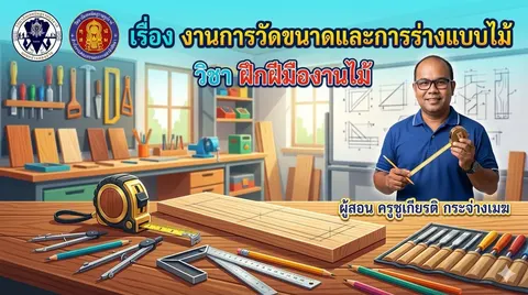 ปกสไลด์เรื่อง " เรื่อง งานการวัดขนาดและการร่างแบบไม้"