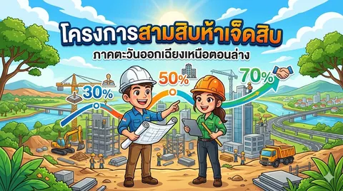 ช่วยสร้างภาพหน้าปกสไลด์ เรื่อง "โครงการสามสิบห้าเจ็ดสิบ" ภาคตะวันออกเฉียงเหนือตอนล่าง ให้ภาพและองค์ประกอบที่เกี่ยวข้องกับเรื่องนี้ ธีมสีสันสดใส ขนาด 16:9 ไม่ใส่โลโก้ใดๆ และมีรูปวิศวะแนวการ์ตูน ชาย 1 คน หญิง 1 คน กำลังการก่อสร้างอาคารสิ่งก่อสร้างต่าง ๆ