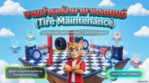 สร้างสไลด์เรื่องการบำรุงรักษายางรถยนต์ รายวิชางานบำรุงรักษารถยนต์ สาขาวิชาช่างยนต์ วิทยาลัยเทคนิคสระบุรี ผู้สอนนายสุรชาติ สิทธิสมาน กลุ่มเป้าหมายหรือผู้ฟัง คือนักเรียนระดับชั้น ปวช. สาขาช่างยนต์ ขอนำเสนอแบบเข้าใจง่ายๆแต่ก็ยังมีความเป็นทางการ ใส่ภาพและองค์ประกอบที่เกี่ยวข้องกับเรื่องนี้ ธีมสีสันสดใส สไตล์เกมส์ 3 D realistic แนวแพลตฟอร์ม มีมาสคอตประกอบในแต่ละสไลด์แต่งตัวเป็นแมวใส่เสื้อชอปสีแดง ใส่แว่น หล่อๆ