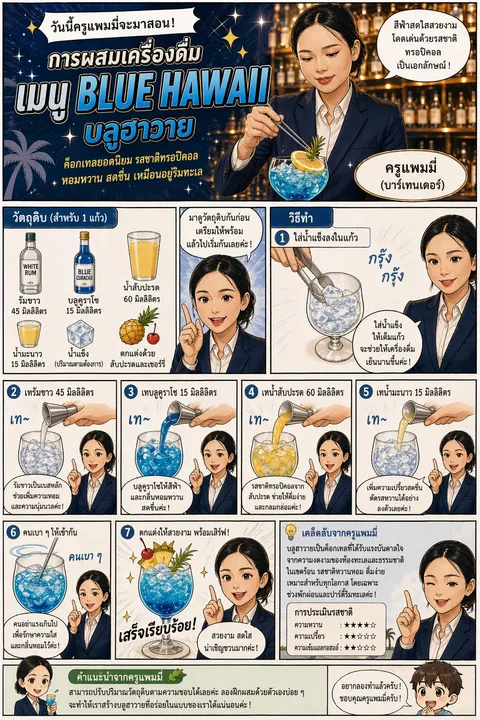 “การผสมเครื่องดื่ม เมนู blue hawaii”