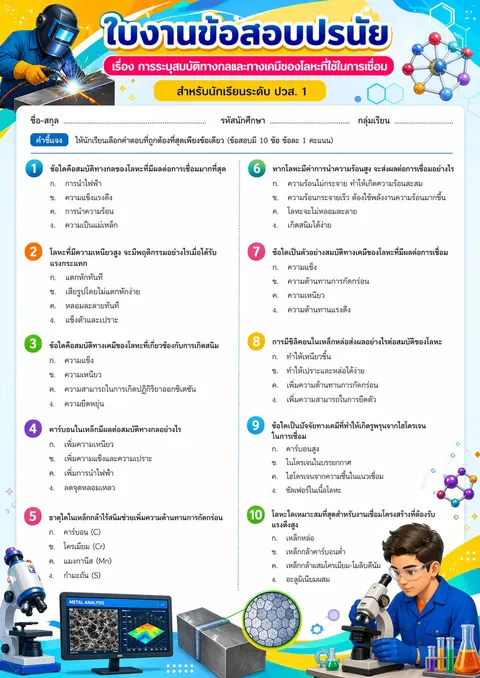 สอบเรื่อง การระบุสมบัติทางกลและทางเคมีของโลหะที่ใช้ในการเชื่อม