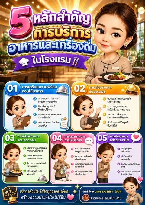Create a colorful educational infographic poster in Thai language, featuring a “การบริการอาหารและเครื่องดื่ม” theme.  Use the uploaded photo as the main character reference. Transform the person into a cute 3D cartoon character with big head proportion, smooth skin, and friendly expression. Keep facial identity but stylize into Pixar-like character. Layout: - Large central title with a big number in bold 3D style - Ribbon banner subtitle - 5 content sections arranged in grid layout (2 top, 3 bottom) - Footer with motivational text - มีข้อความ “จัดทำโดย นางสาวอุรัสยา  ไชยดี” “ครูวิทยาลัยเทคนิคบ้านค่าย"  Style: - Cute 3D cartoon characters (big head, small body, glossy eyes) - Each section has a unique color theme (blue, orange, green, pink, purple) - Include icons, checklist bullet points, and playful elements Design: - Bright gradient colors, high saturation - Soft glow, drop shadows, sparkles, light effects - Rounded shapes, thick outlines, modern infographic style Lighting: - Soft ambient lighting with glowing highlights - Radial light burst background Mood: - Fun, educational, friendly, modern Aspect ratio: - A4 High detail, vibrant, clean composition