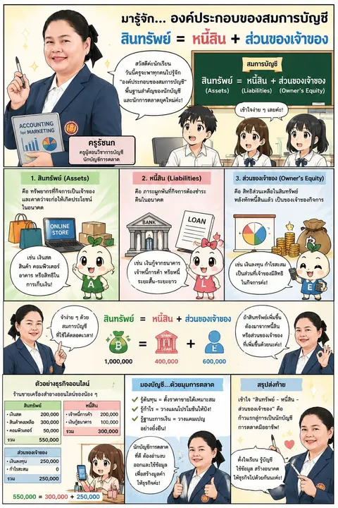องค์ประกอบของสมการบัญชี: สินทรัพย์, หนี้สิน, ส่วนของเจ้าของ