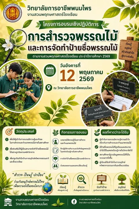 โปสเตอร์โครงการอบรมเชิงปฏิบัติการสำรวจพรรณไม้และการจัดทำป้ายชื่อพรรณไม้