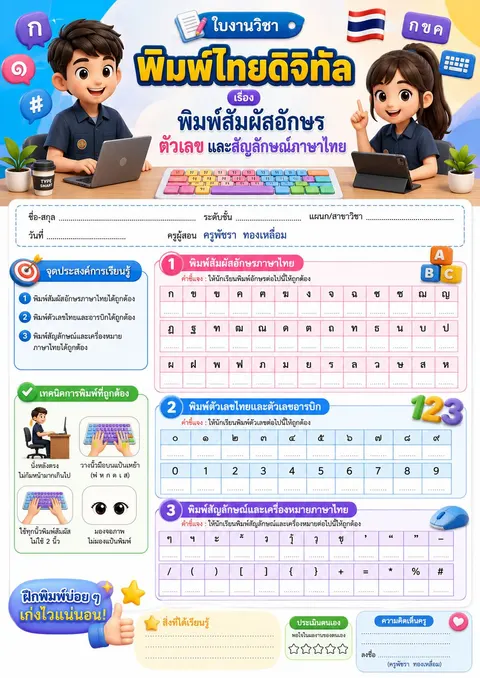 ใบงาน เรื่อง พิมพ์สัมผัสอักษร ตัวเลข และสัญลักษณ์ภาษาไทย
