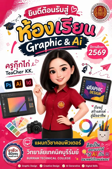 โปสเตอร์ต้อนรับสู่ห้องเรียน Graphic & Ai  "ครูกุ๊กไก่ TeaCher KK." 