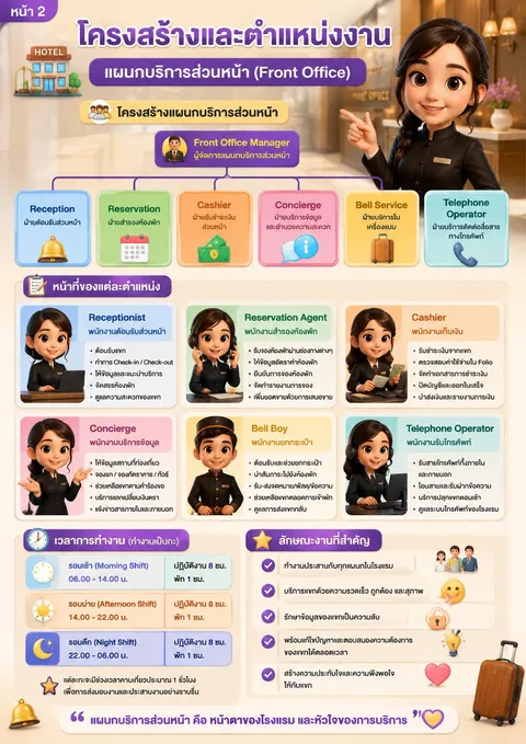Infographic โครงสร้างและตำแหน่งงานในงานส่วนหน้าโรงแรม