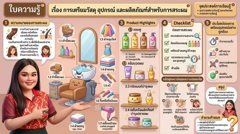 การเตรียมวัสดุ อุปกรณ์ และผลิตภัณฑ์สำหรับการสระผม