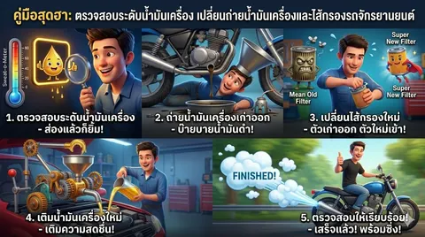 Infographicตรวจสอบระดับน้ำมันเครื่อง เปลี่ยนถ่ายน้ำมันเครื่องและไส้กรองรถจักรยานยนต์