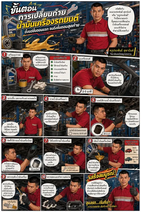 infographic เรื่องขั้นตอนการเปลี่ยนถ่ายน้ำมันเครื่องรถยนต์