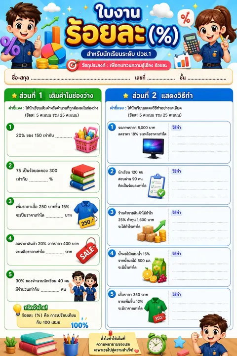 ใบงาน เรื่อง ร้อยละ สำหรับนักเรียน ปวช.1