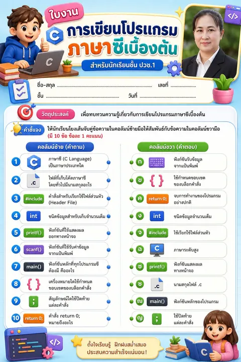 ใบงานเรื่อง "การเขียนโปรแกรมภาษาซีเบื้องต้น" 