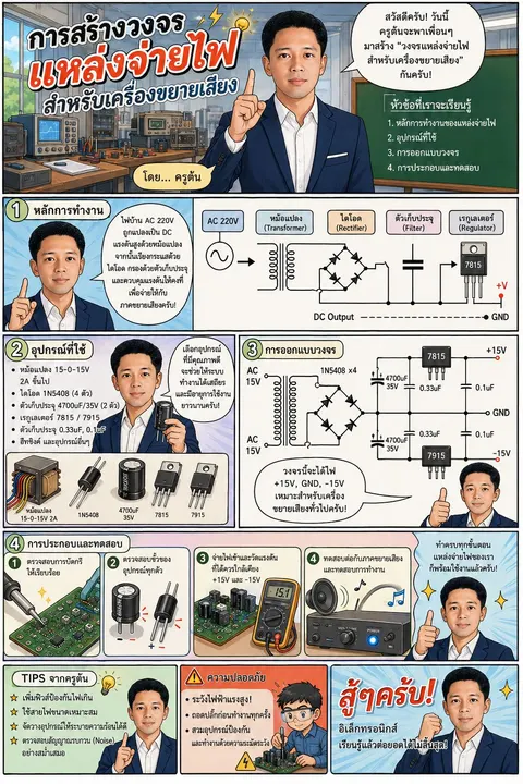 การสร้างวงจรแหล่งจ่ายไฟสำหรับเครื่องขยายเสียง