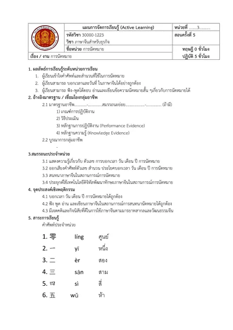 แผนการจัดการเรียนรู้ ภาษาจีนธุรกิจ นางสาววิชชุตา เครือแพ