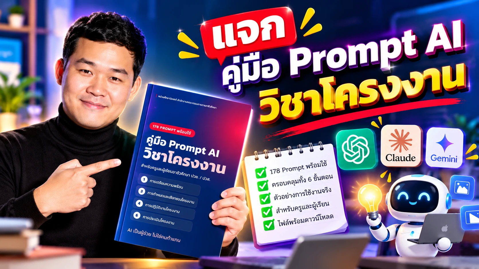 แจก คู่มือ Prompt AI วิชาโครงงาน — 178 Prompt พร้อมใช้ ครอบคลุมทั้ง 6 ขั้นตอน